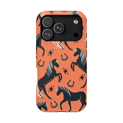 Horse Pattern Magnetic Impact-Resistant Phone Case — Black Horses & Horseshoes on Coral