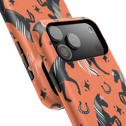 Horse Pattern Magnetic Impact-Resistant Phone Case — Black Horses & Horseshoes on Coral