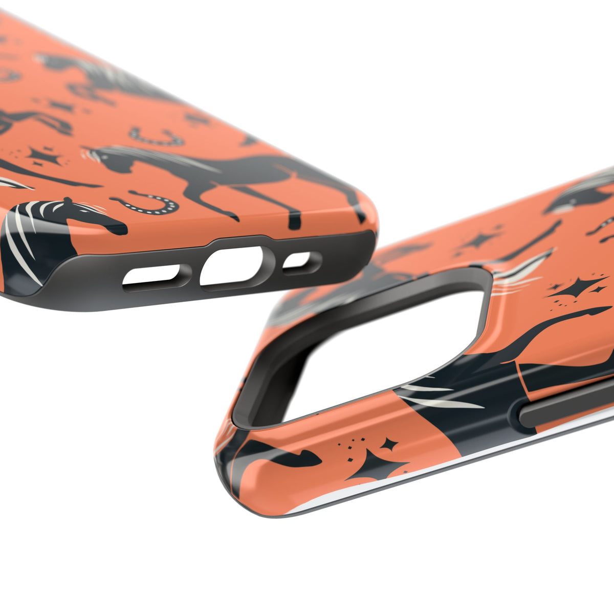 Horse Pattern Magnetic Impact-Resistant Phone Case — Black Horses & Horseshoes on Coral