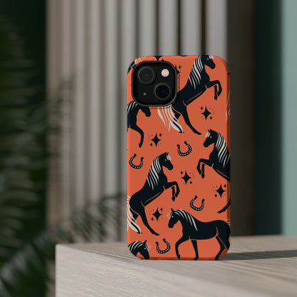 Horse Pattern Magnetic Impact-Resistant Phone Case — Black Horses & Horseshoes on Coral
