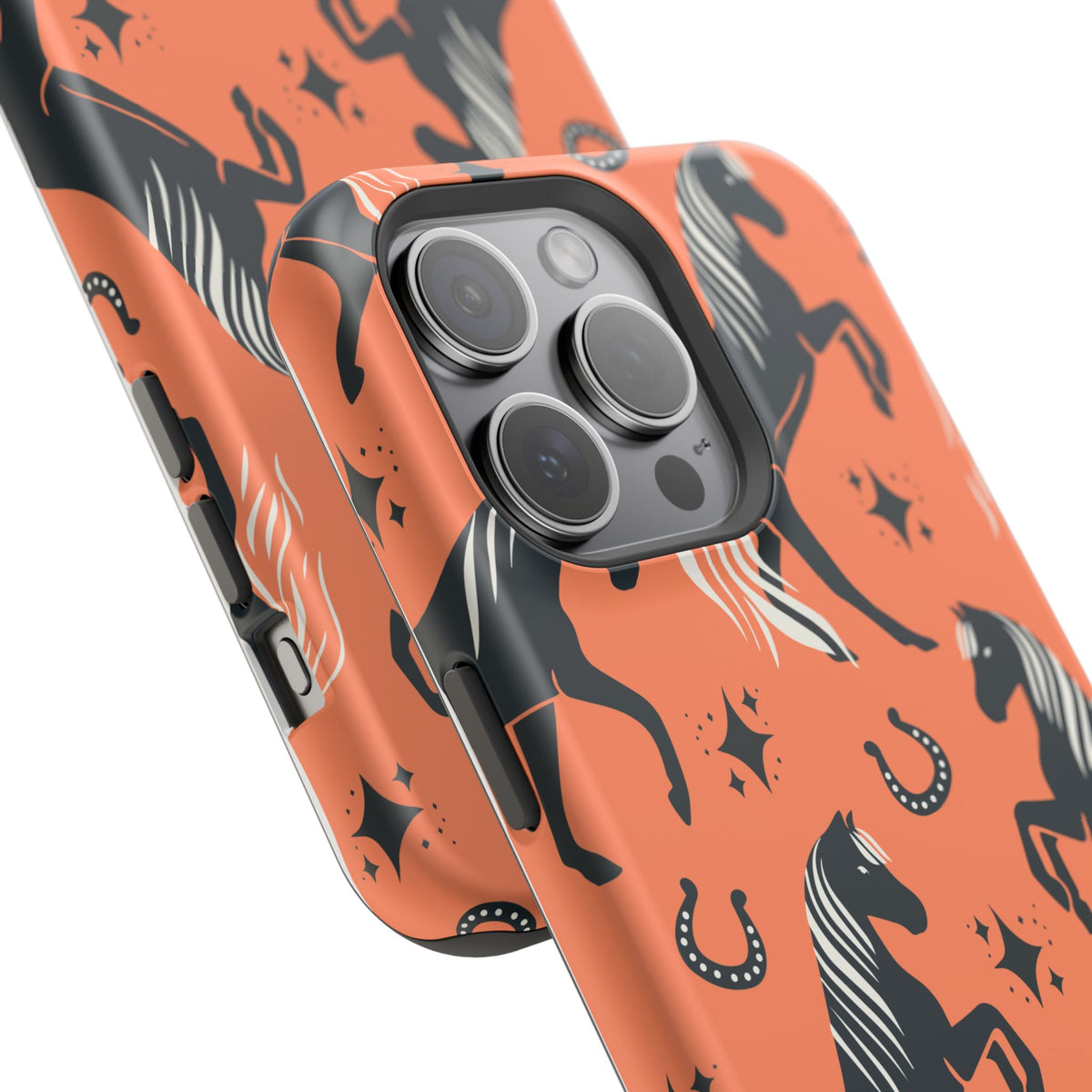Horse Pattern Magnetic Impact-Resistant Phone Case — Black Horses & Horseshoes on Coral