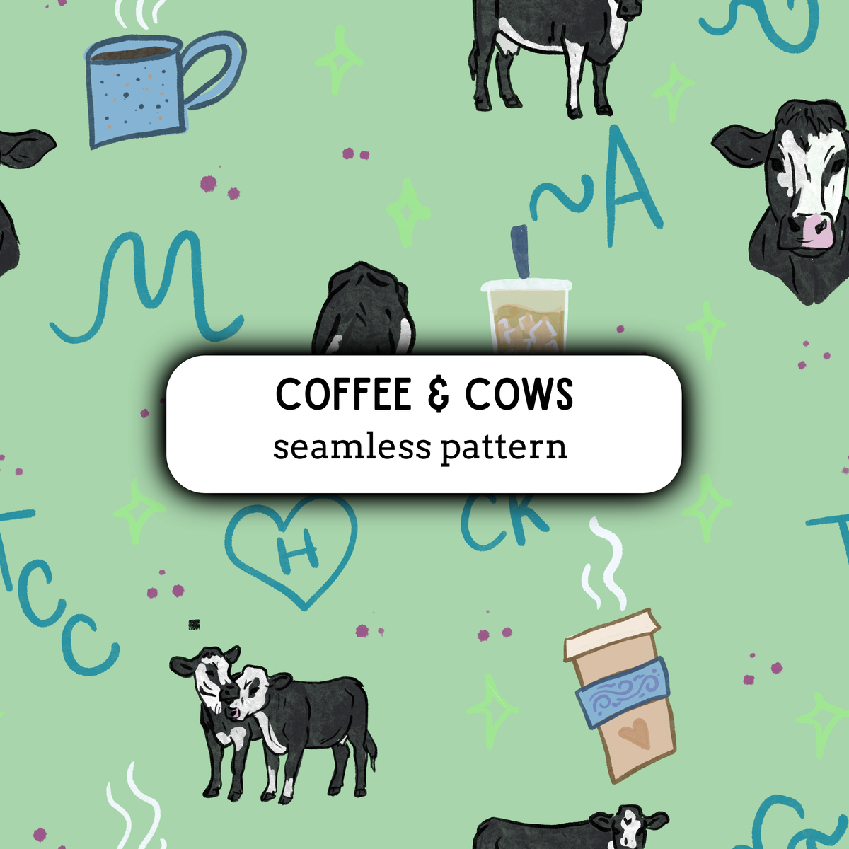 Coffee & Cows Seamless Pattern