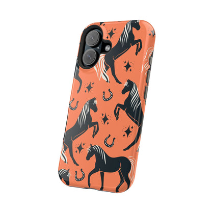 Horse Pattern Magnetic Impact-Resistant Phone Case — Black Horses & Horseshoes on Coral