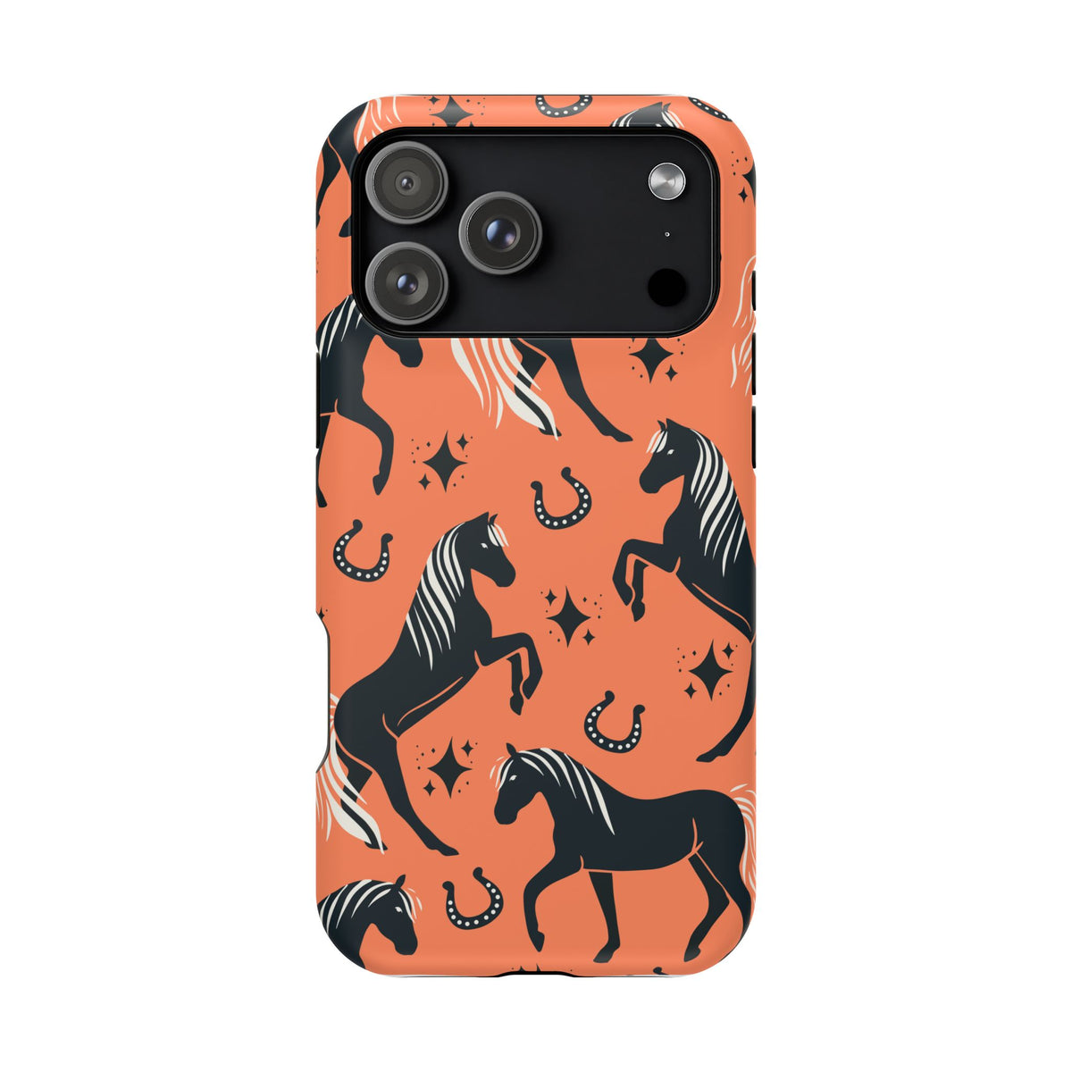 Horse Pattern Magnetic Impact-Resistant Phone Case — Black Horses & Horseshoes on Coral
