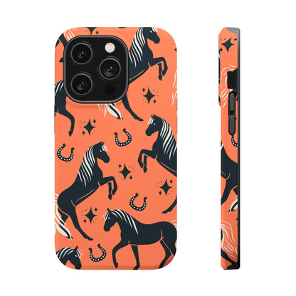 Horse Pattern Magnetic Impact-Resistant Phone Case — Black Horses & Horseshoes on Coral