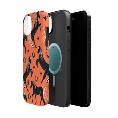 Horse Pattern Magnetic Impact-Resistant Phone Case — Black Horses & Horseshoes on Coral