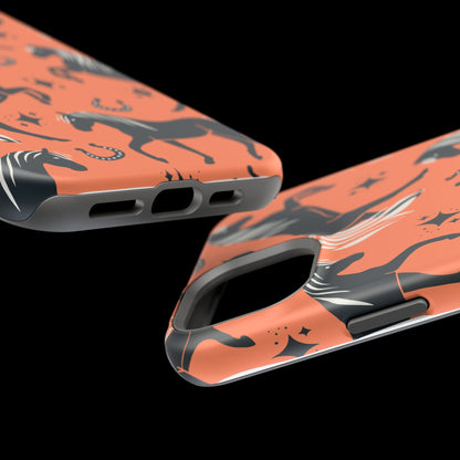 Horse Pattern Magnetic Impact-Resistant Phone Case — Black Horses & Horseshoes on Coral