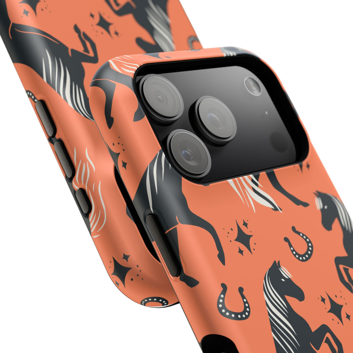 Horse Pattern Magnetic Impact-Resistant Phone Case — Black Horses & Horseshoes on Coral