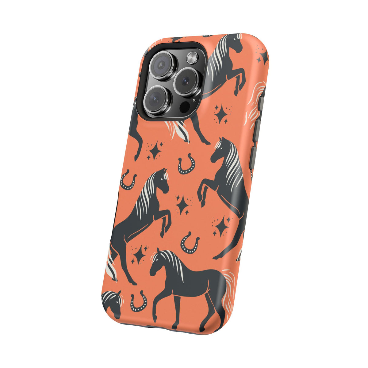 Horse Pattern Magnetic Impact-Resistant Phone Case — Black Horses & Horseshoes on Coral