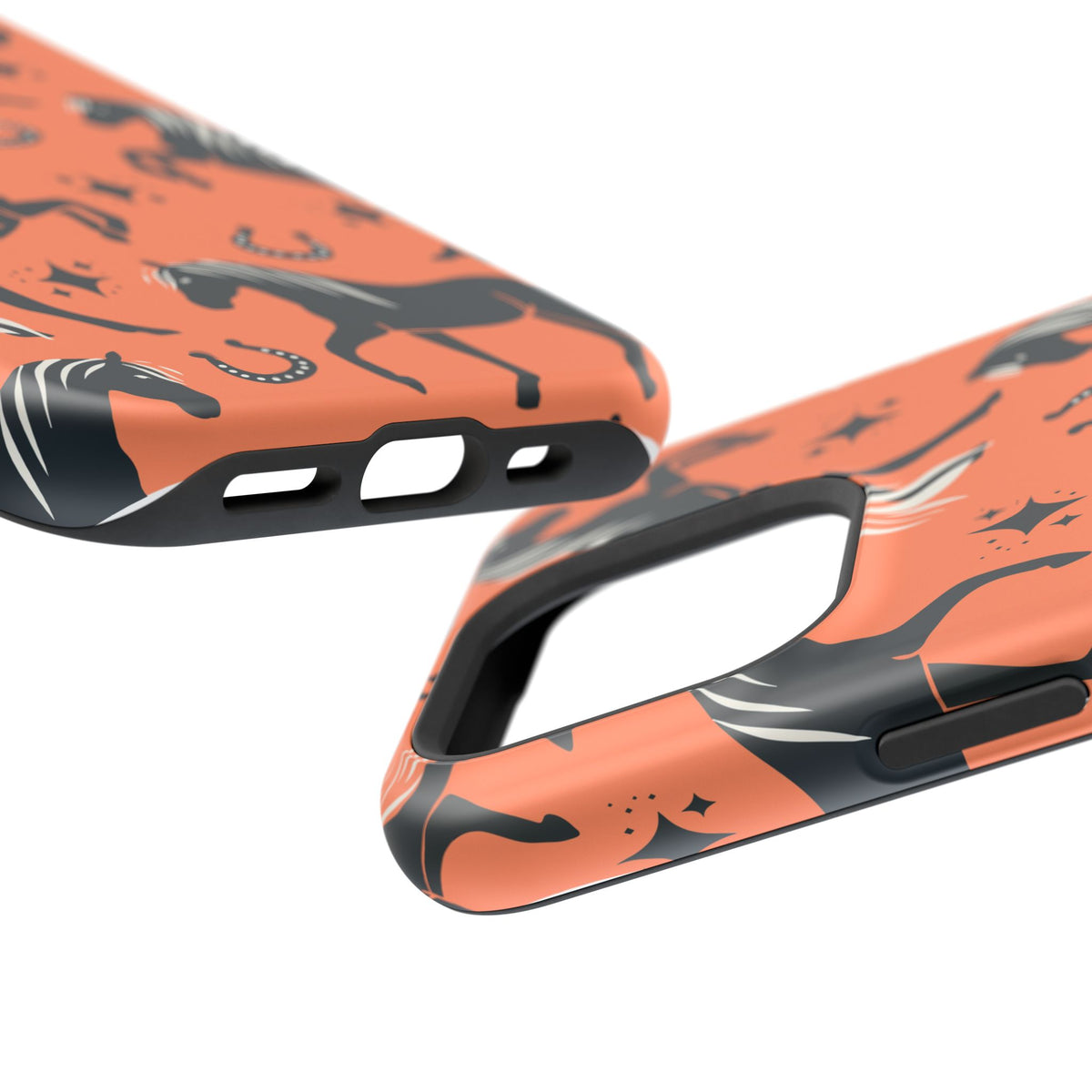 Horse Pattern Magnetic Impact-Resistant Phone Case — Black Horses & Horseshoes on Coral