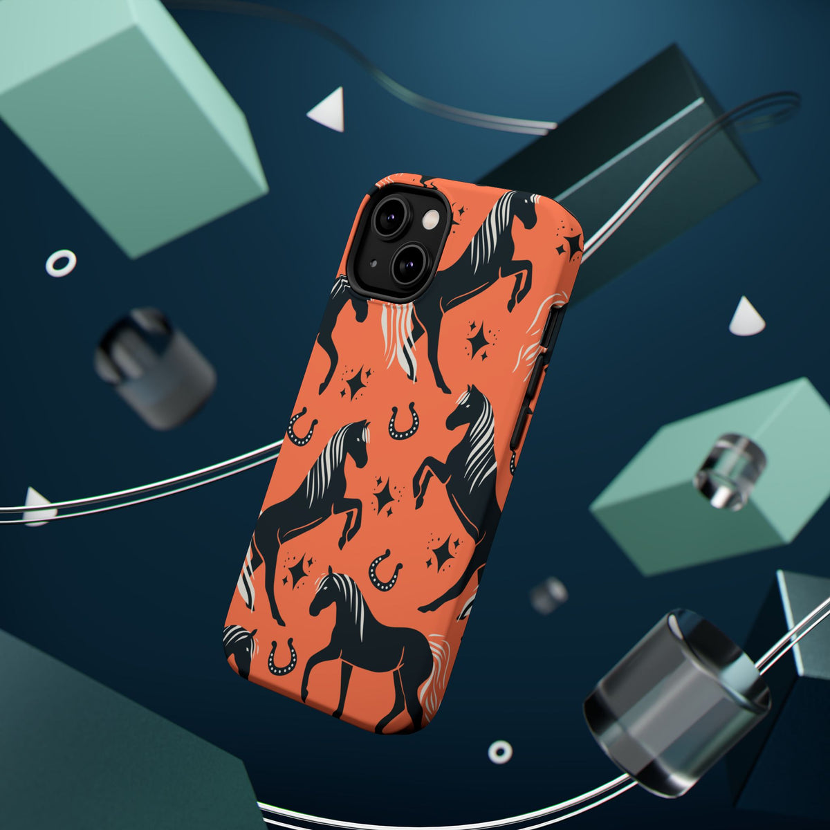 Horse Pattern Magnetic Impact-Resistant Phone Case — Black Horses & Horseshoes on Coral