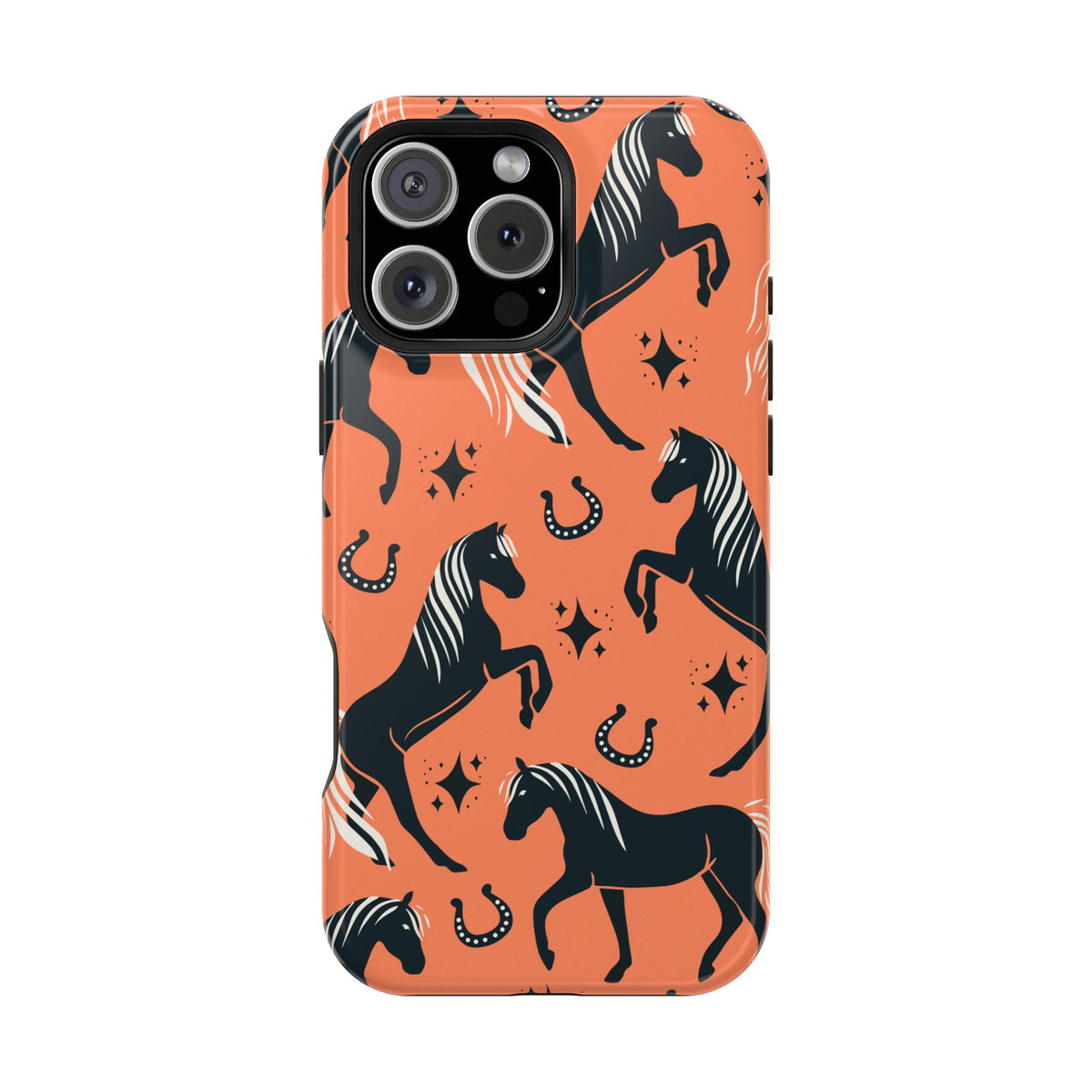 Horse Pattern Magnetic Impact-Resistant Phone Case — Black Horses & Horseshoes on Coral