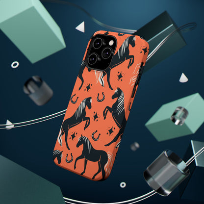 Horse Pattern Magnetic Impact-Resistant Phone Case — Black Horses & Horseshoes on Coral