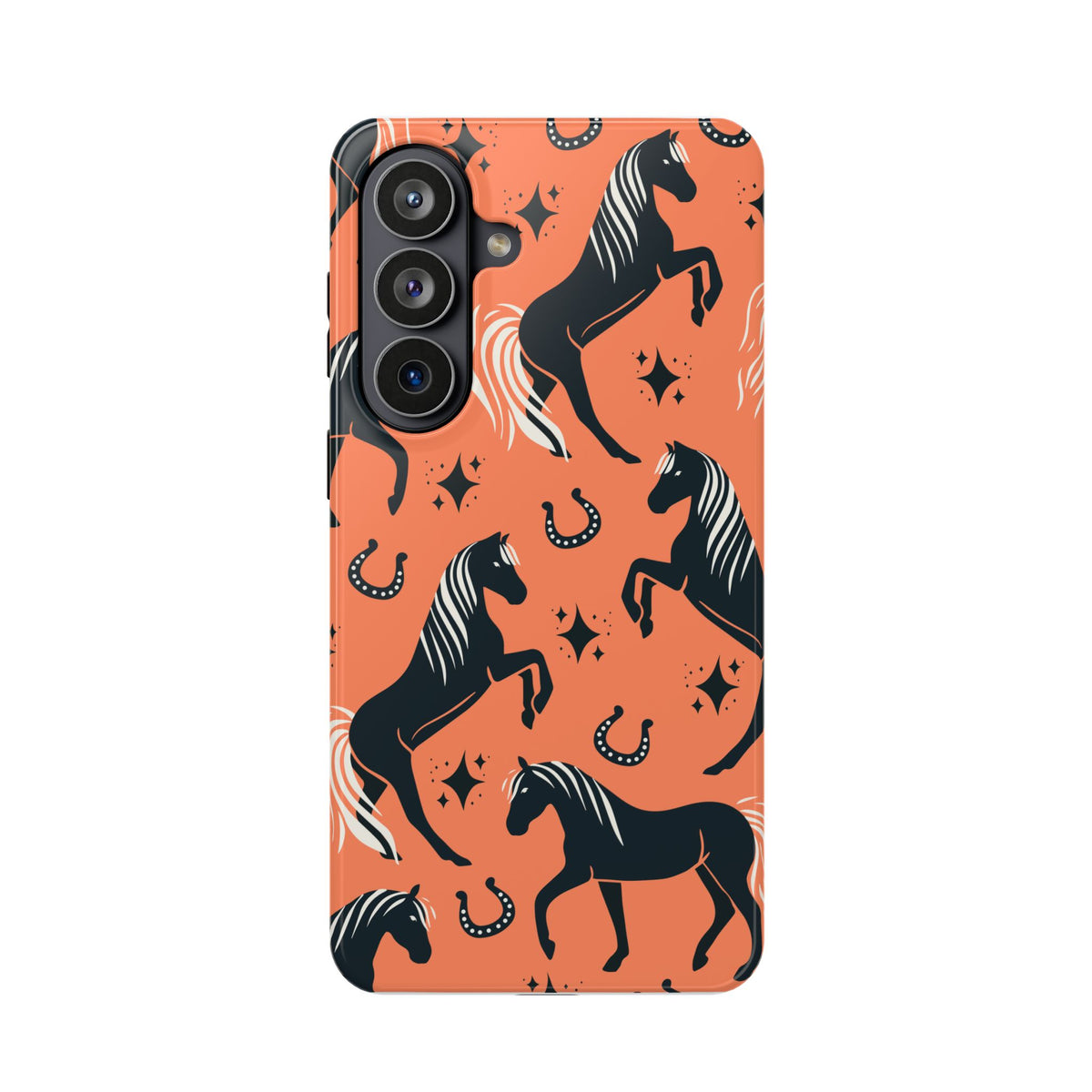 Horse Pattern Magnetic Impact-Resistant Phone Case — Black Horses & Horseshoes on Coral