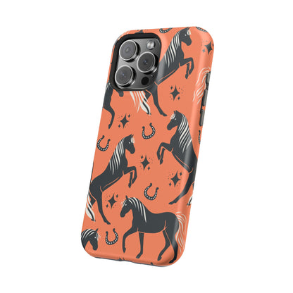 Horse Pattern Magnetic Impact-Resistant Phone Case — Black Horses & Horseshoes on Coral