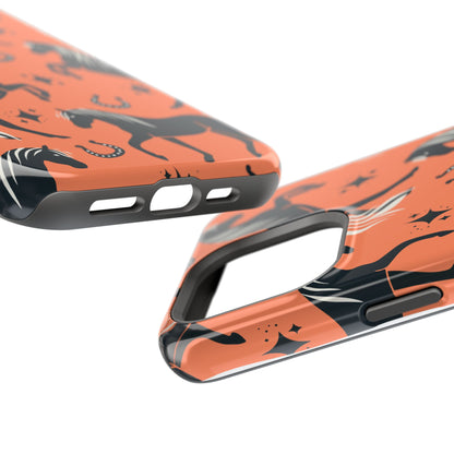 Horse Pattern Magnetic Impact-Resistant Phone Case — Black Horses & Horseshoes on Coral