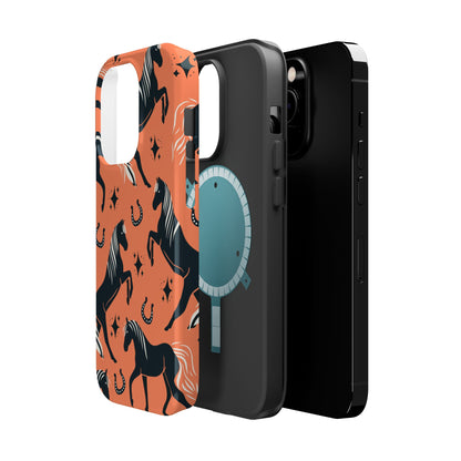 Horse Pattern Magnetic Impact-Resistant Phone Case — Black Horses & Horseshoes on Coral