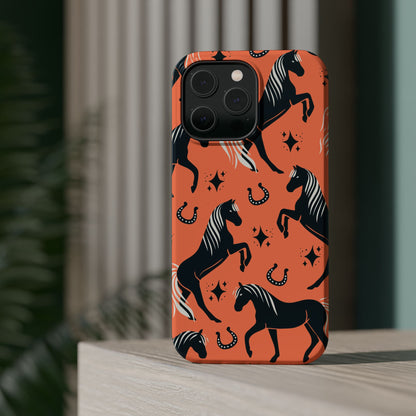 Horse Pattern Magnetic Impact-Resistant Phone Case — Black Horses & Horseshoes on Coral