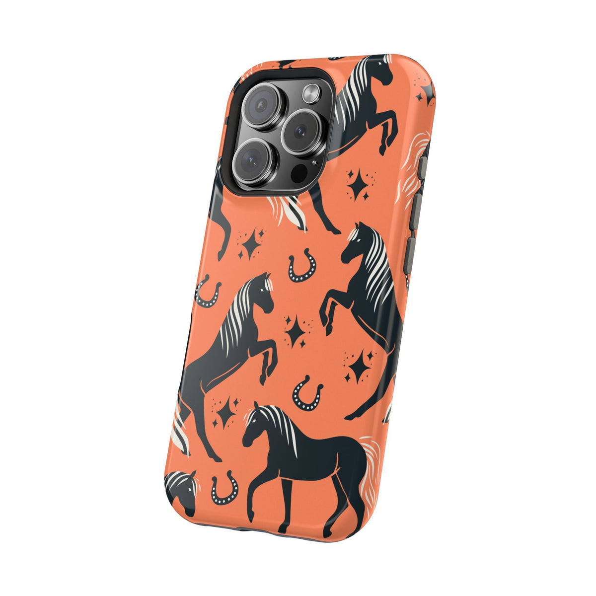 Horse Pattern Magnetic Impact-Resistant Phone Case — Black Horses & Horseshoes on Coral