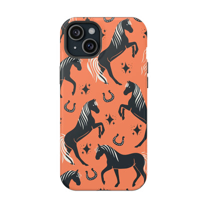 Horse Pattern Magnetic Impact-Resistant Phone Case — Black Horses & Horseshoes on Coral