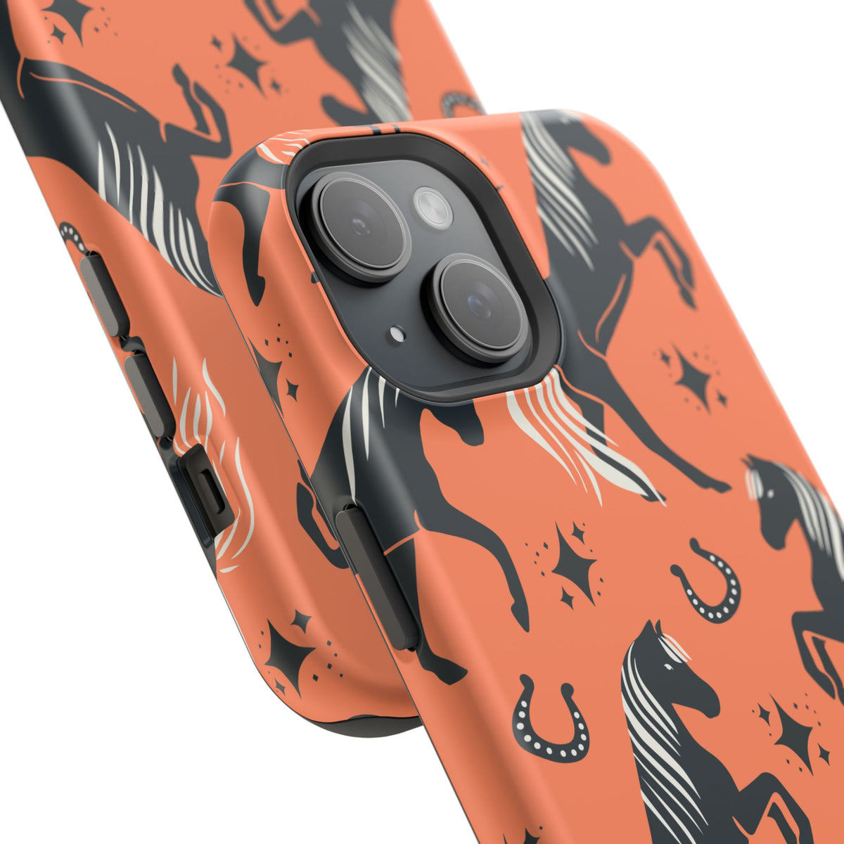 Horse Pattern Magnetic Impact-Resistant Phone Case — Black Horses & Horseshoes on Coral