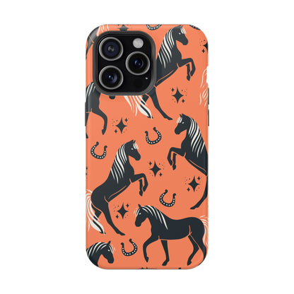 Horse Pattern Magnetic Impact-Resistant Phone Case — Black Horses & Horseshoes on Coral