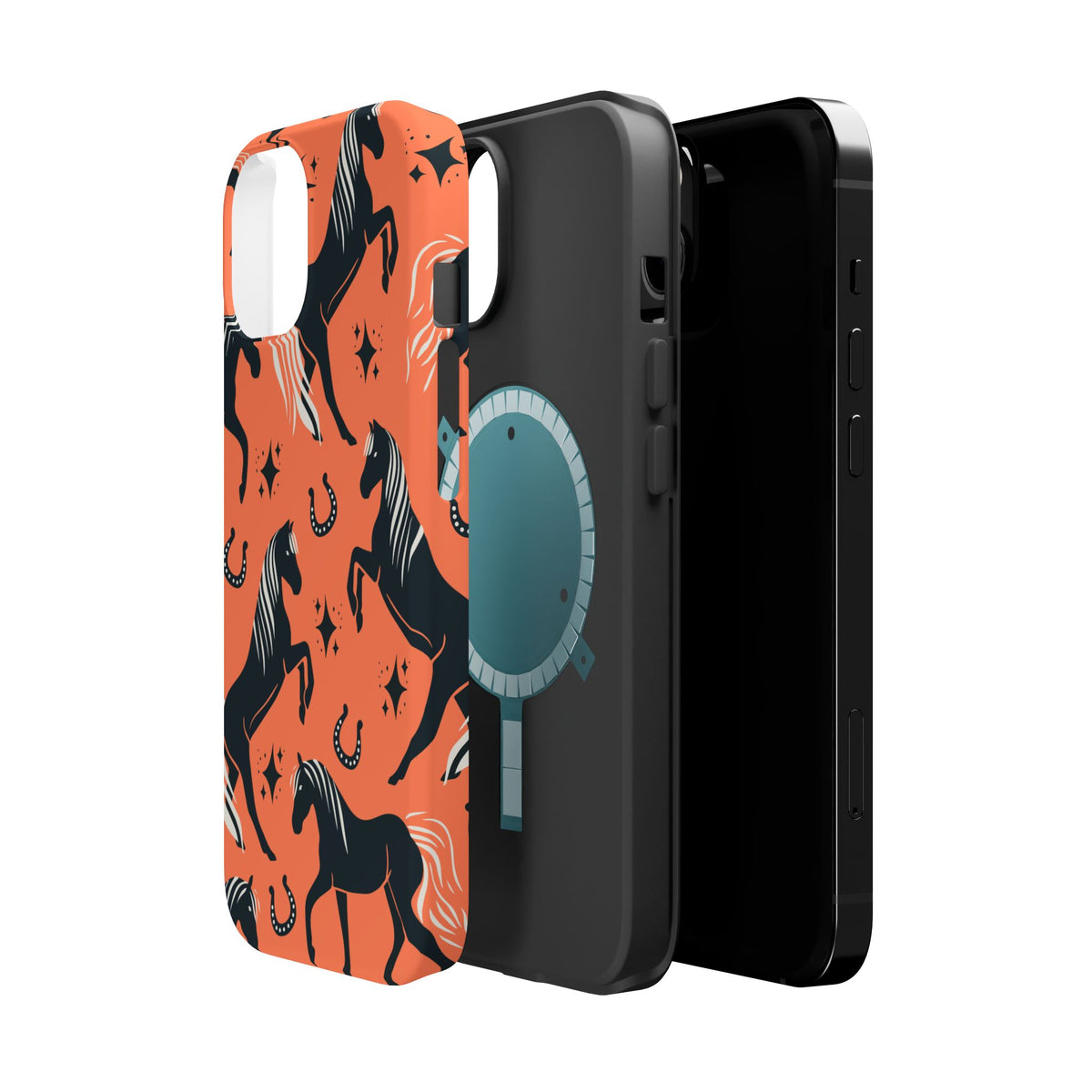 Horse Pattern Magnetic Impact-Resistant Phone Case — Black Horses & Horseshoes on Coral