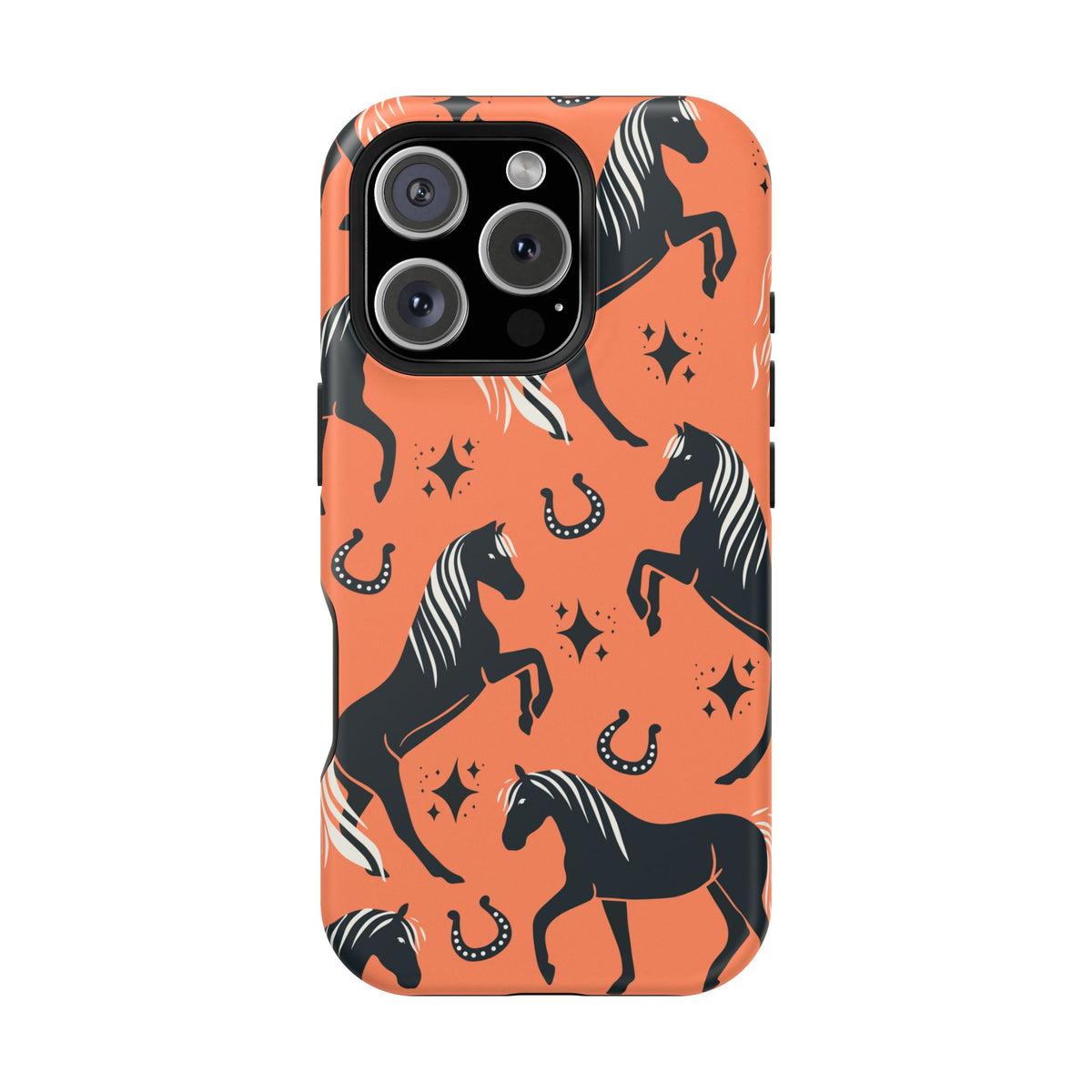 Horse Pattern Magnetic Impact-Resistant Phone Case — Black Horses & Horseshoes on Coral
