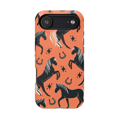 Horse Pattern Magnetic Impact-Resistant Phone Case — Black Horses & Horseshoes on Coral