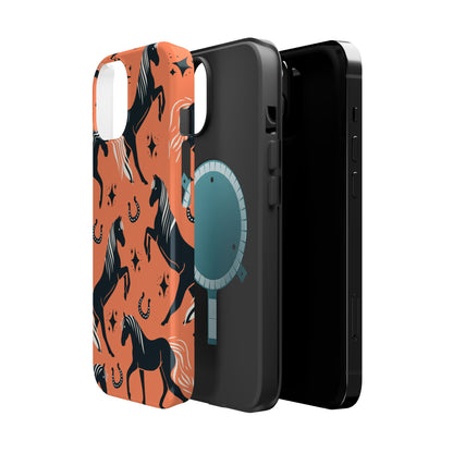 Horse Pattern Magnetic Impact-Resistant Phone Case — Black Horses & Horseshoes on Coral