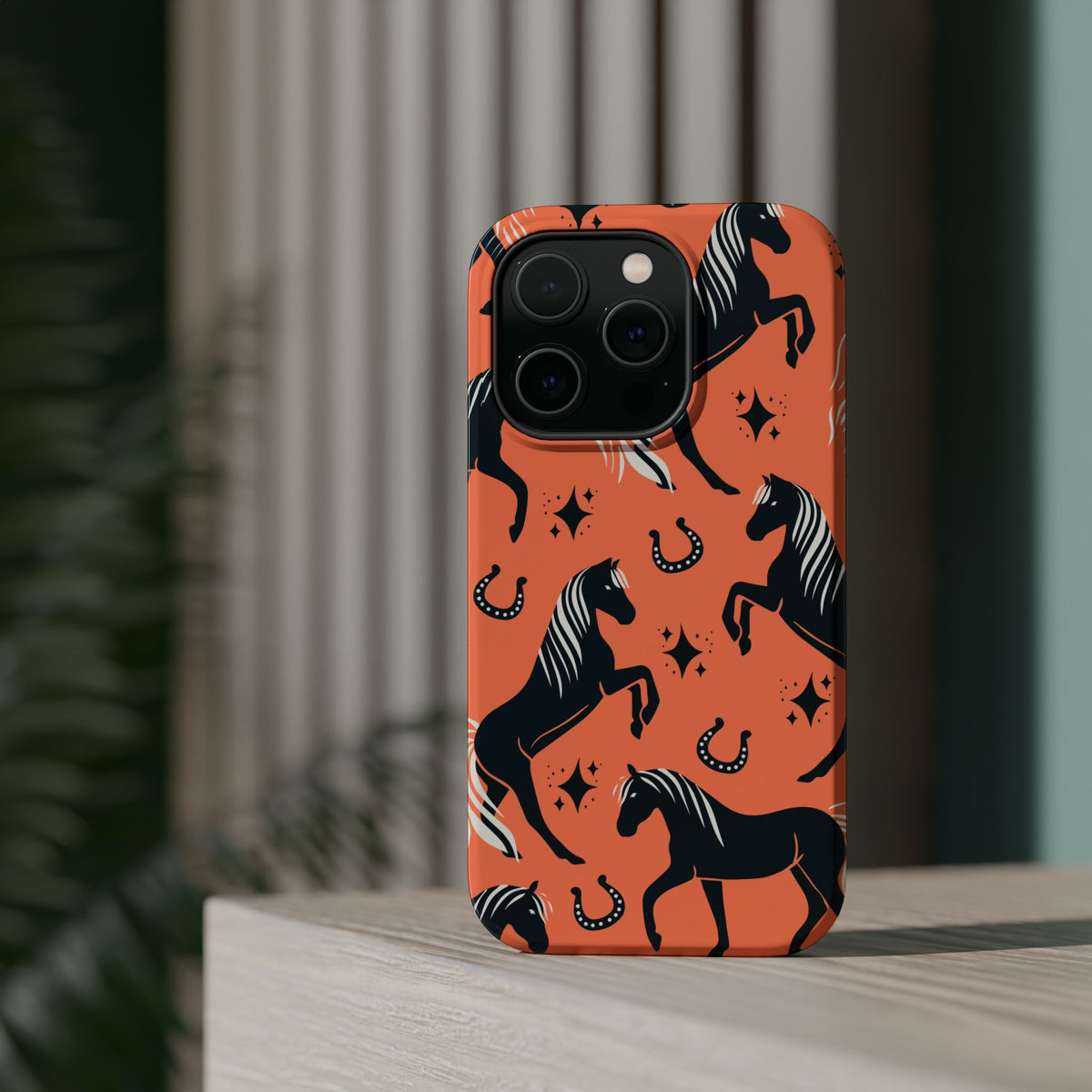 Horse Pattern Magnetic Impact-Resistant Phone Case — Black Horses & Horseshoes on Coral