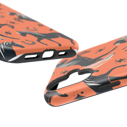 Horse Pattern Magnetic Impact-Resistant Phone Case — Black Horses & Horseshoes on Coral