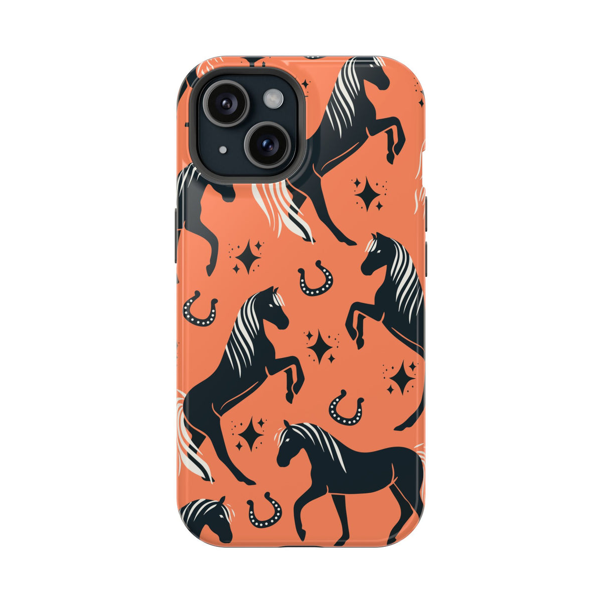 Horse Pattern Magnetic Impact-Resistant Phone Case — Black Horses & Horseshoes on Coral