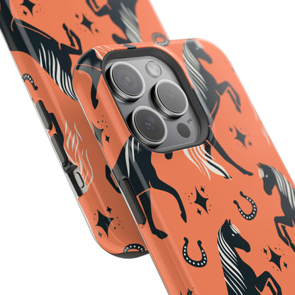 Horse Pattern Magnetic Impact-Resistant Phone Case — Black Horses & Horseshoes on Coral