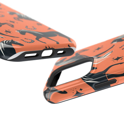 Horse Pattern Magnetic Impact-Resistant Phone Case — Black Horses & Horseshoes on Coral