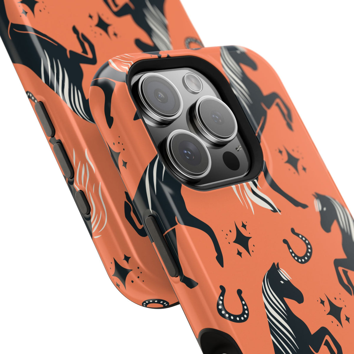 Horse Pattern Magnetic Impact-Resistant Phone Case — Black Horses & Horseshoes on Coral
