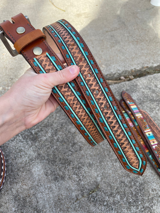 Turquoise Buck Stitch Belt - MADE TO ORDER