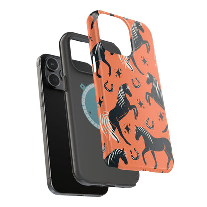 Horse Pattern Magnetic Impact-Resistant Phone Case — Black Horses & Horseshoes on Coral
