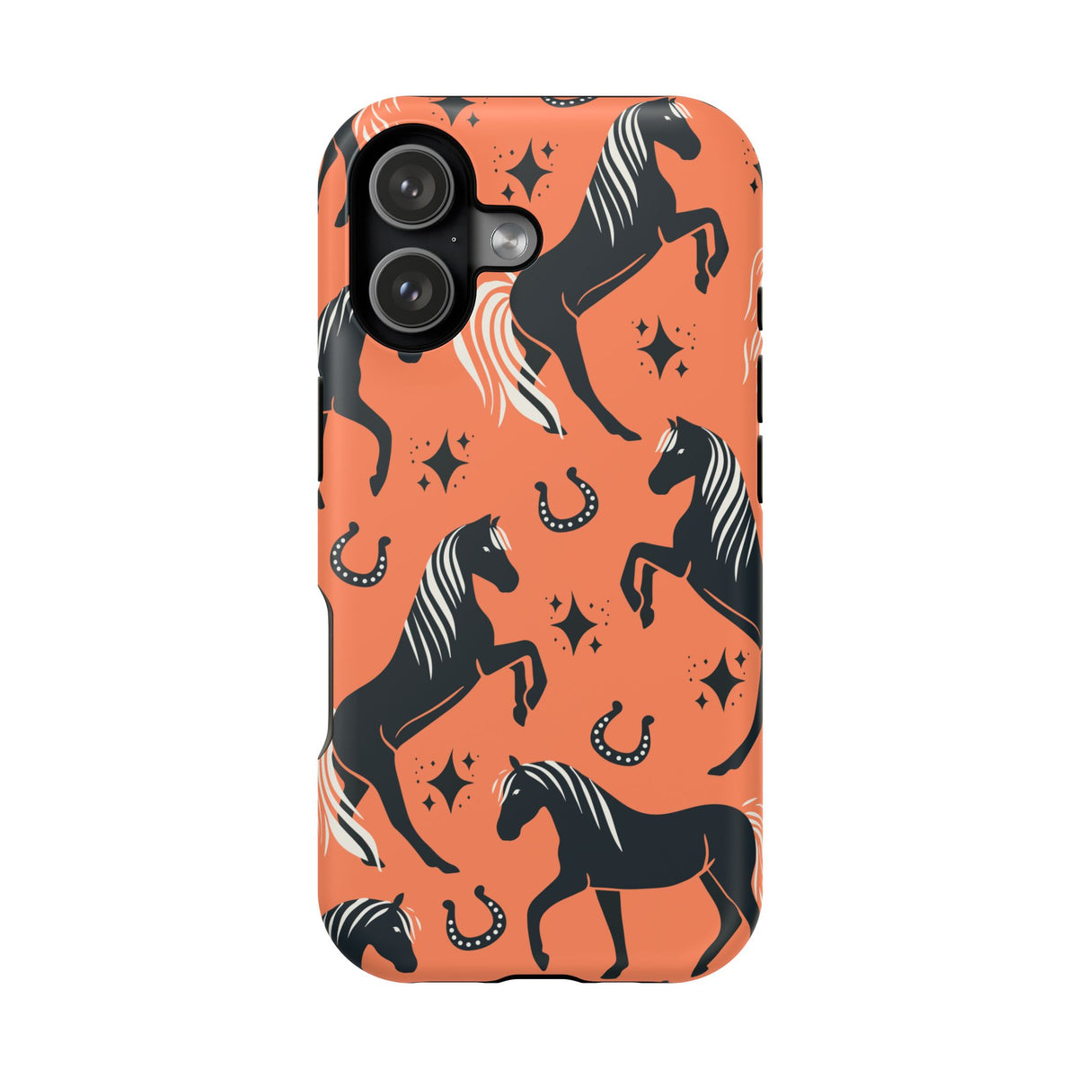 Horse Pattern Magnetic Impact-Resistant Phone Case — Black Horses & Horseshoes on Coral