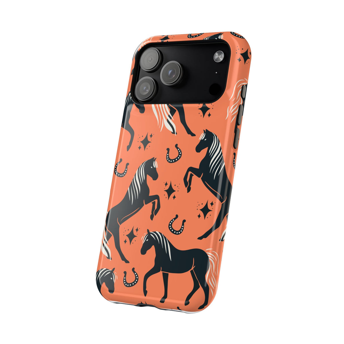 Horse Pattern Magnetic Impact-Resistant Phone Case — Black Horses & Horseshoes on Coral