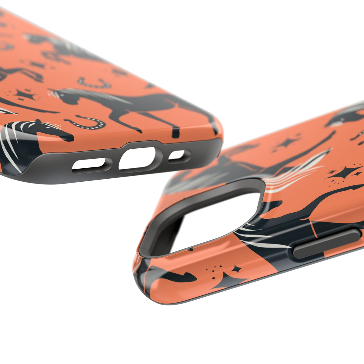 Horse Pattern Magnetic Impact-Resistant Phone Case — Black Horses & Horseshoes on Coral