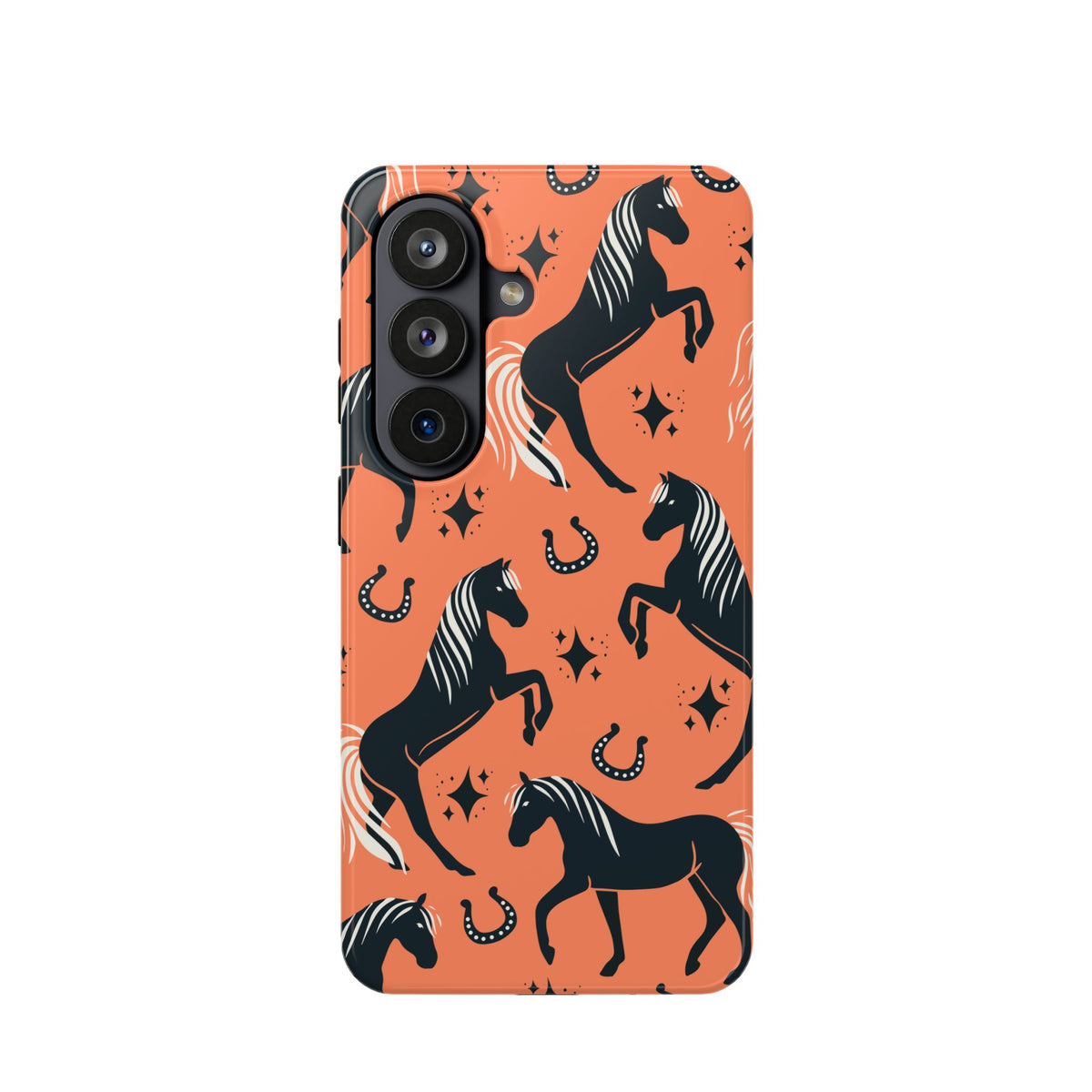 Horse Pattern Magnetic Impact-Resistant Phone Case — Black Horses & Horseshoes on Coral