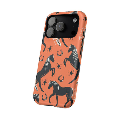 Horse Pattern Magnetic Impact-Resistant Phone Case — Black Horses & Horseshoes on Coral