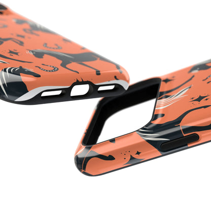 Horse Pattern Magnetic Impact-Resistant Phone Case — Black Horses & Horseshoes on Coral