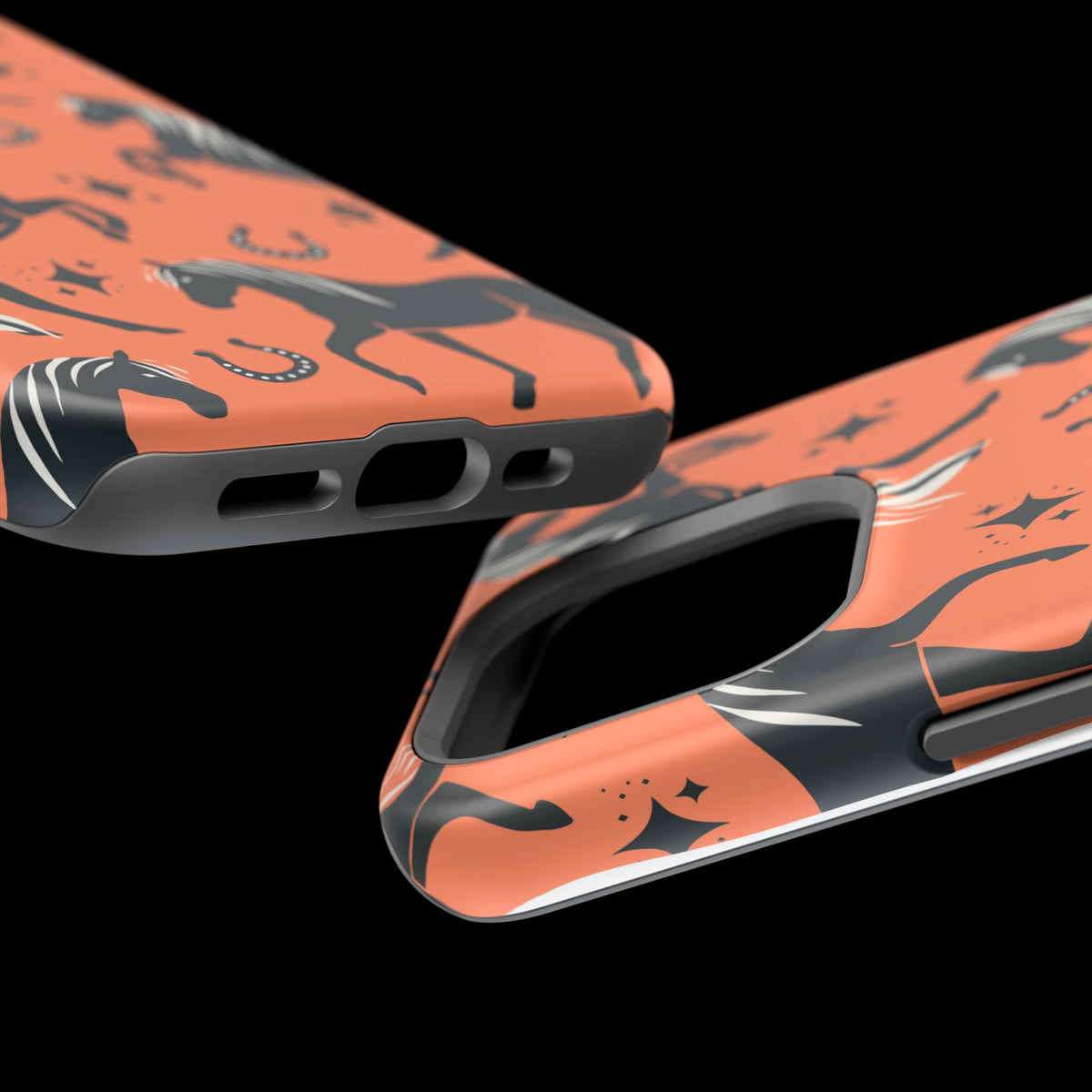 Horse Pattern Magnetic Impact-Resistant Phone Case — Black Horses & Horseshoes on Coral