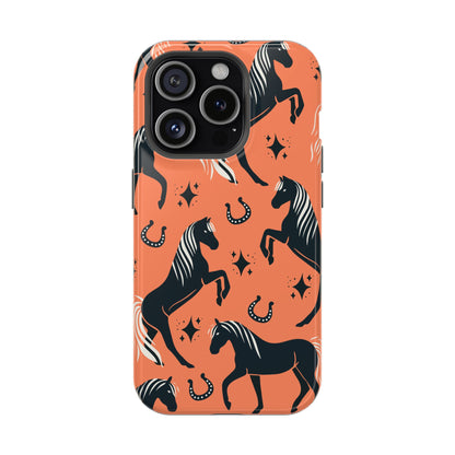 Horse Pattern Magnetic Impact-Resistant Phone Case — Black Horses & Horseshoes on Coral