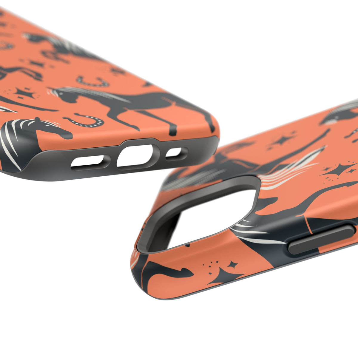 Horse Pattern Magnetic Impact-Resistant Phone Case — Black Horses & Horseshoes on Coral