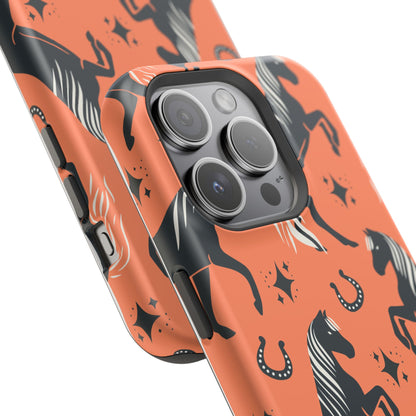 Horse Pattern Magnetic Impact-Resistant Phone Case — Black Horses & Horseshoes on Coral