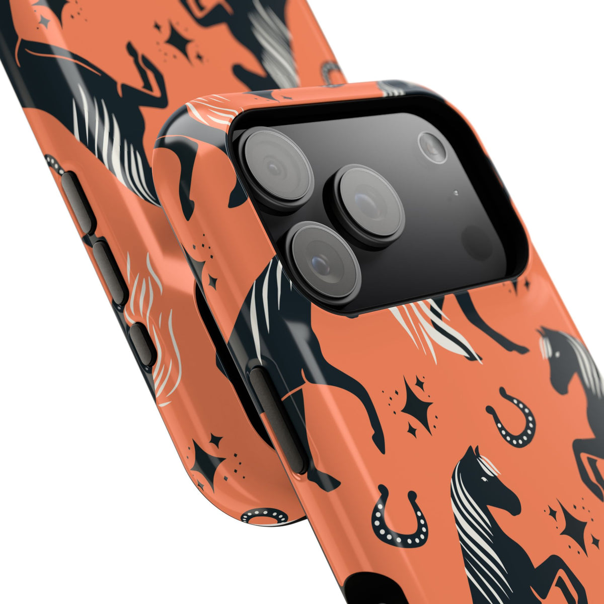 Horse Pattern Magnetic Impact-Resistant Phone Case — Black Horses & Horseshoes on Coral