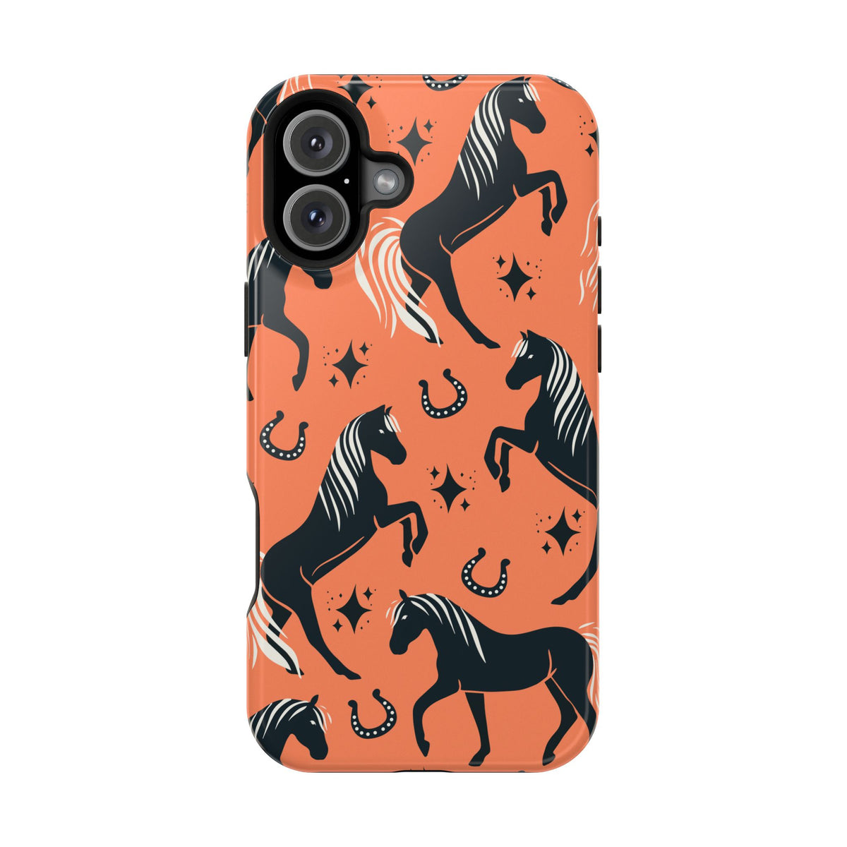 Horse Pattern Magnetic Impact-Resistant Phone Case — Black Horses & Horseshoes on Coral